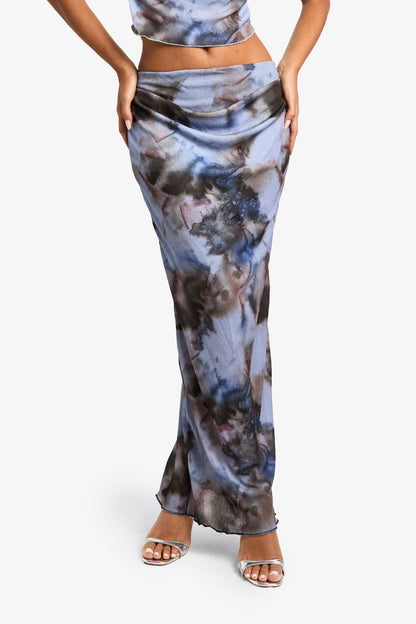 Printed Textured Mesh Drape Maxi Skirt