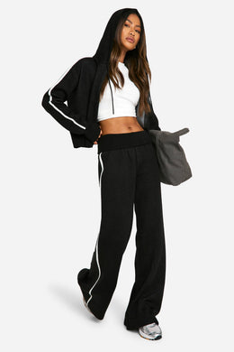 Stripe Detail Knitted Hoody And Waist Detail Flared Trouser