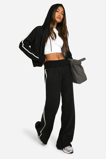 Stripe Detail Knitted Hoody And Waist Detail Flared Trouser