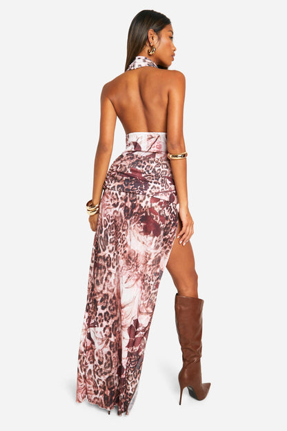 Mixed Floral Print Foldover Waistband Maxi Skirt