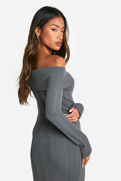 Lightweight Rib Knitted Bardot Long Sleeve Top