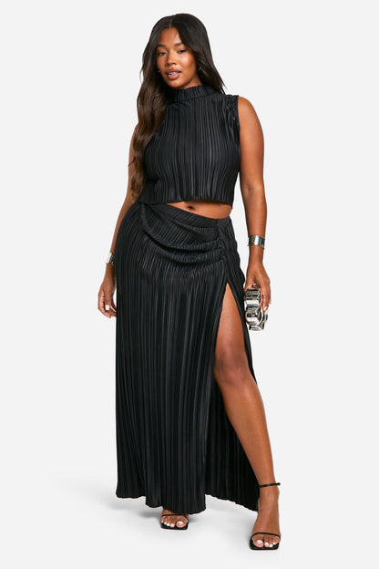 Plus Plisse Top & Ruched Maxi Skirt Co Ord