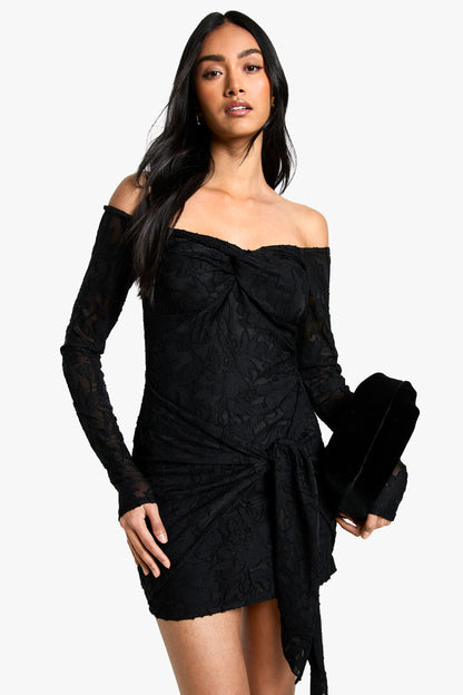 Tall Burnout Bardot Twist Wrap Mini Dress