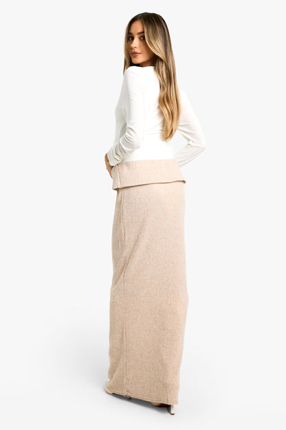 Maternity Soft Rib Fold Over Waist Detail Maxi Skirt