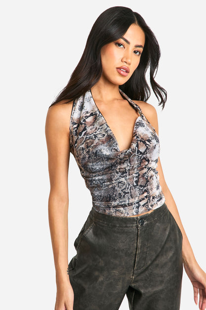 Snake Print Mesh Trim Detail Cowl Neck Top