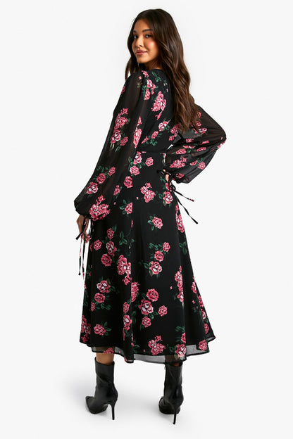 Floral Chiffon Ruched Waist Midaxi Dress