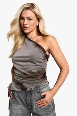 Printed Mesh One Shoulder Ruched Top