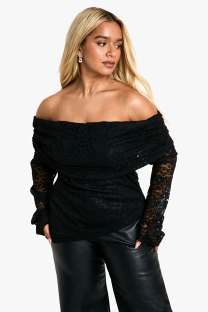 Plus Lace Bardot Asymmetric Top