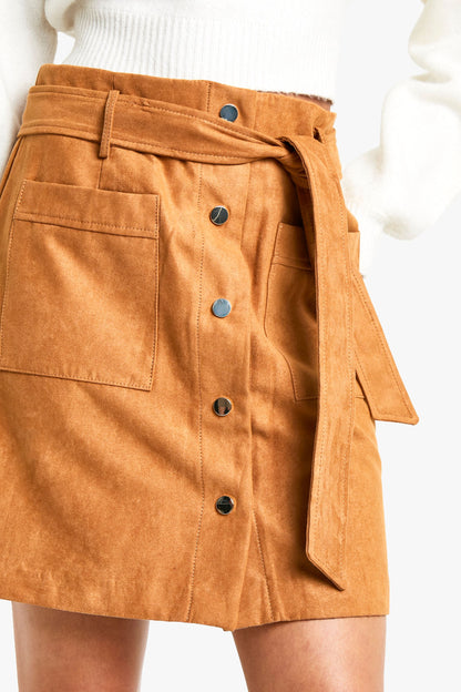 Belted Button Through Suede Look Mini Skirt