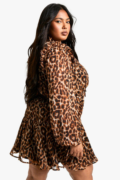 Plus Leopard Tie Front Smock Dress