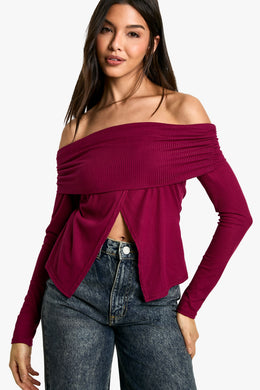 Soft Rib Bardot Top With Split Hem