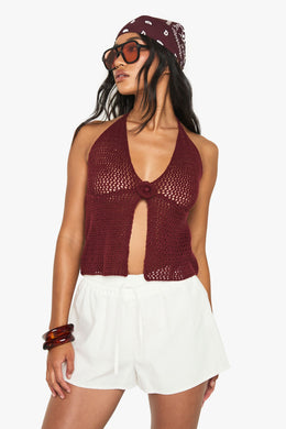 Crochet Flower Detail Floaty Knitted Top
