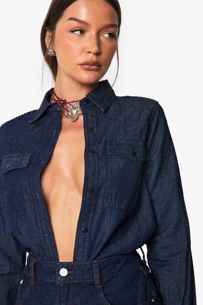 Chambray Denim Long Sleeve Western Shirt