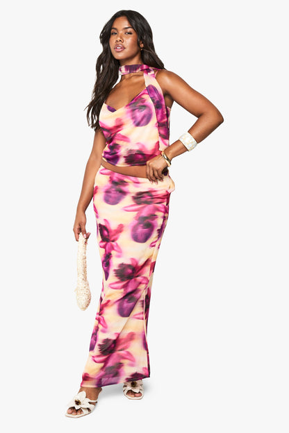 Blurred Floral Print Cowl Neck Woven Cami Top