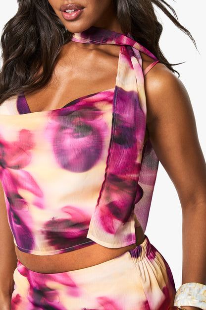 Blurred Floral Print Cowl Neck Woven Cami Top