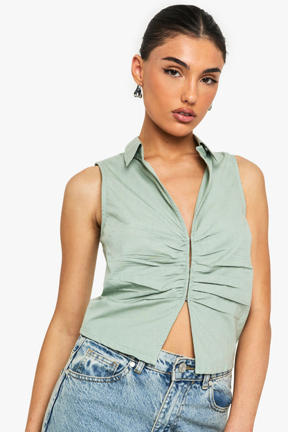 Ruched Poplin Sleeveless Waistcoat