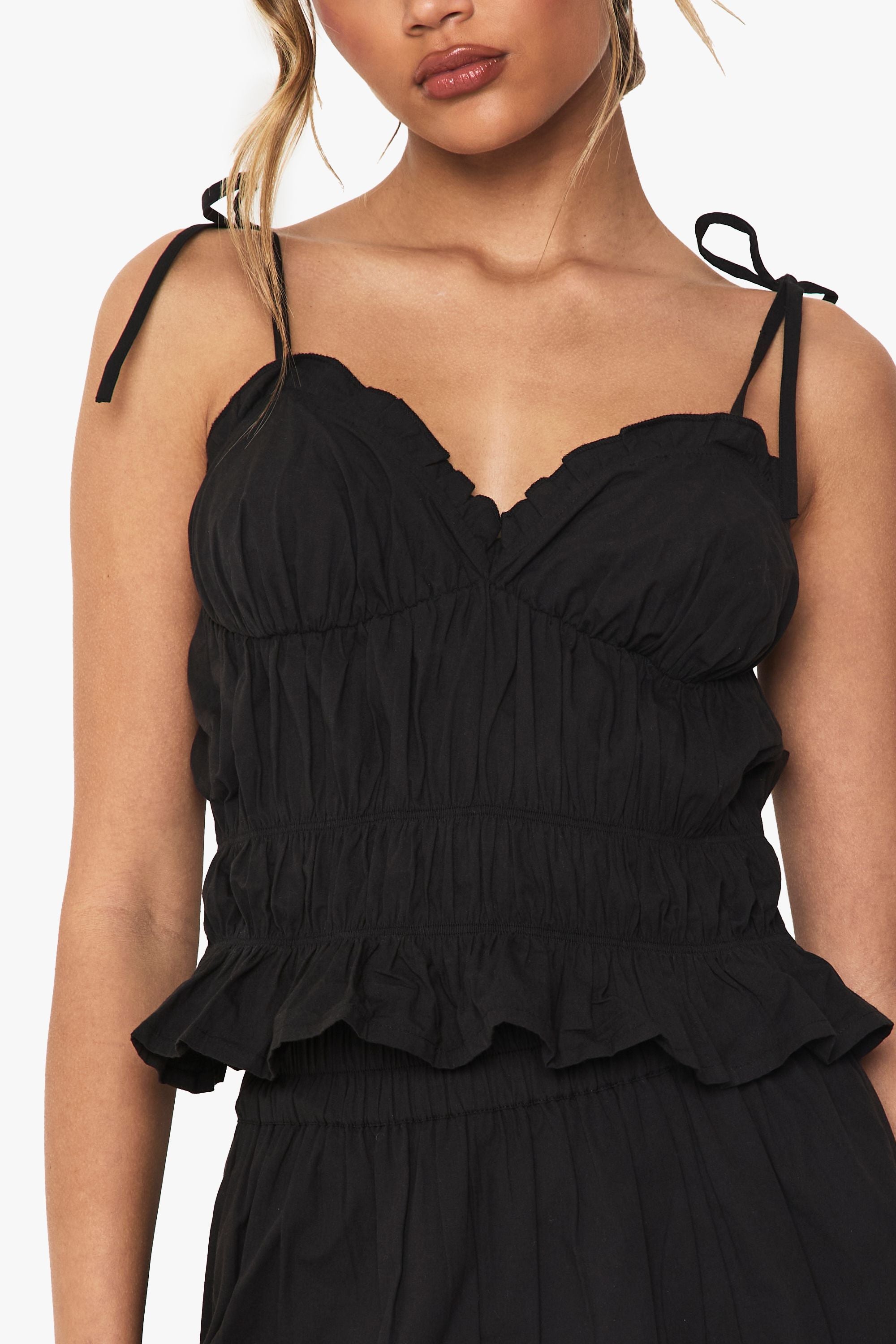 Ruched Poplin Tie Strap Cami Top