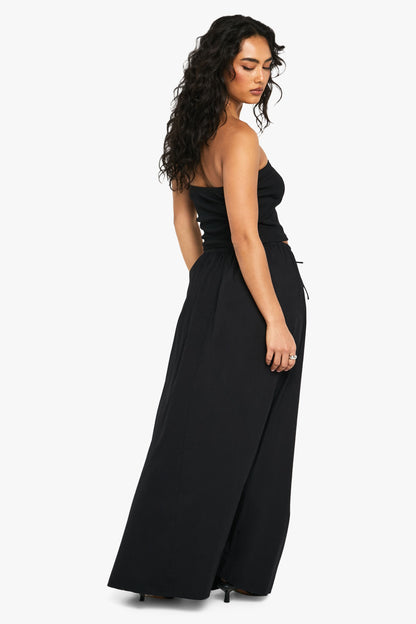 Drawstring Waist Cotton Poplin Maxi Skirt