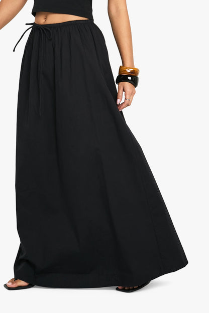 Drawstring Waist Cotton Poplin Maxi Skirt