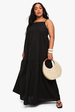 Plus Tiered Linen Look Strappy Maxi Dress