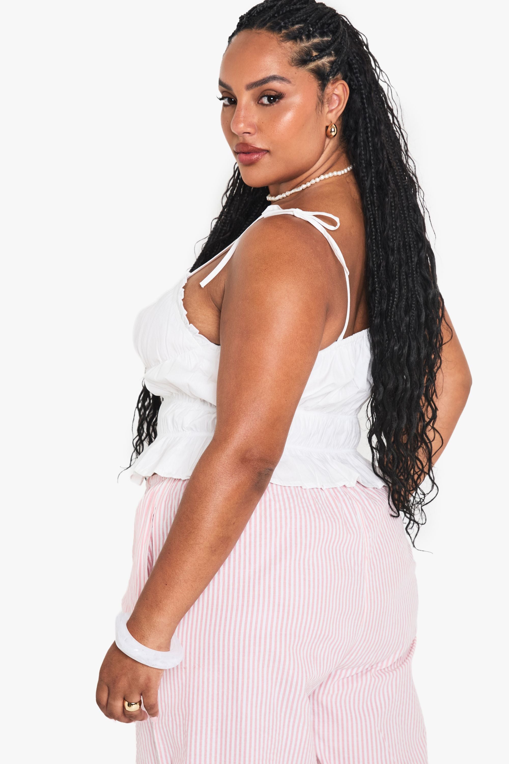 Plus Cotton Shirred Tie Strap Cami Top