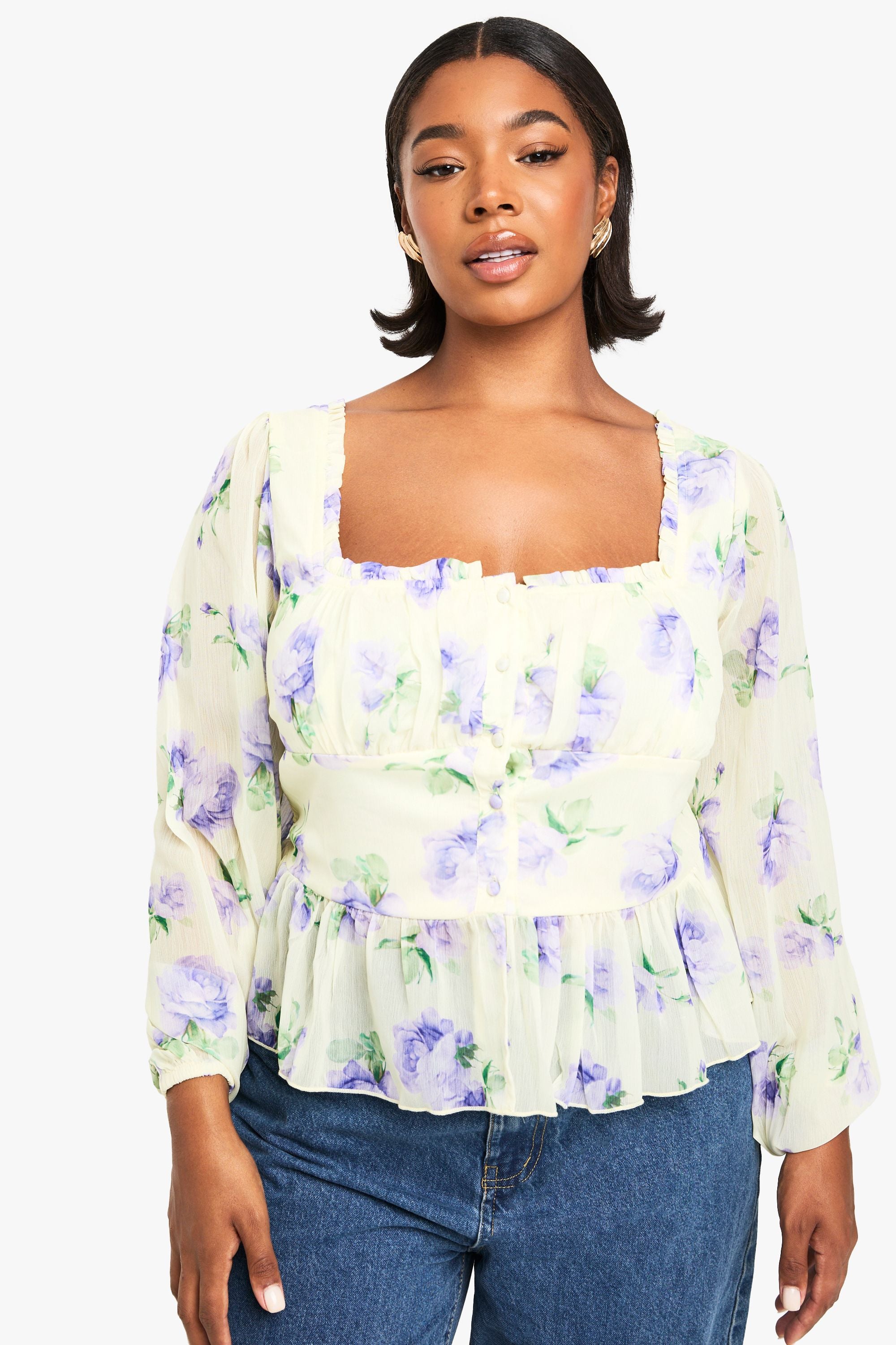 Plus Printed Chiffon Button Detail Blouse