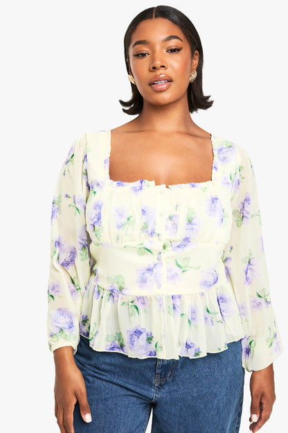 Plus Printed Chiffon Button Detail Blouse