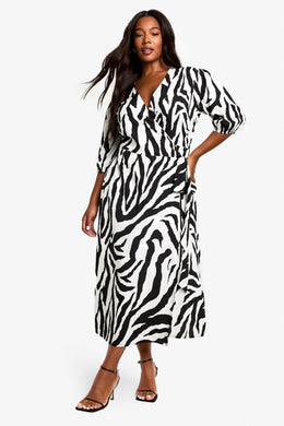 Plus Woven Animal Print Wrap Midi Dress