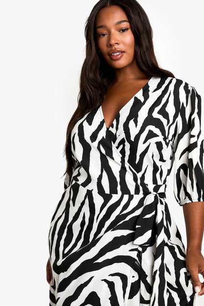 Plus Woven Animal Print Wrap Midi Dress