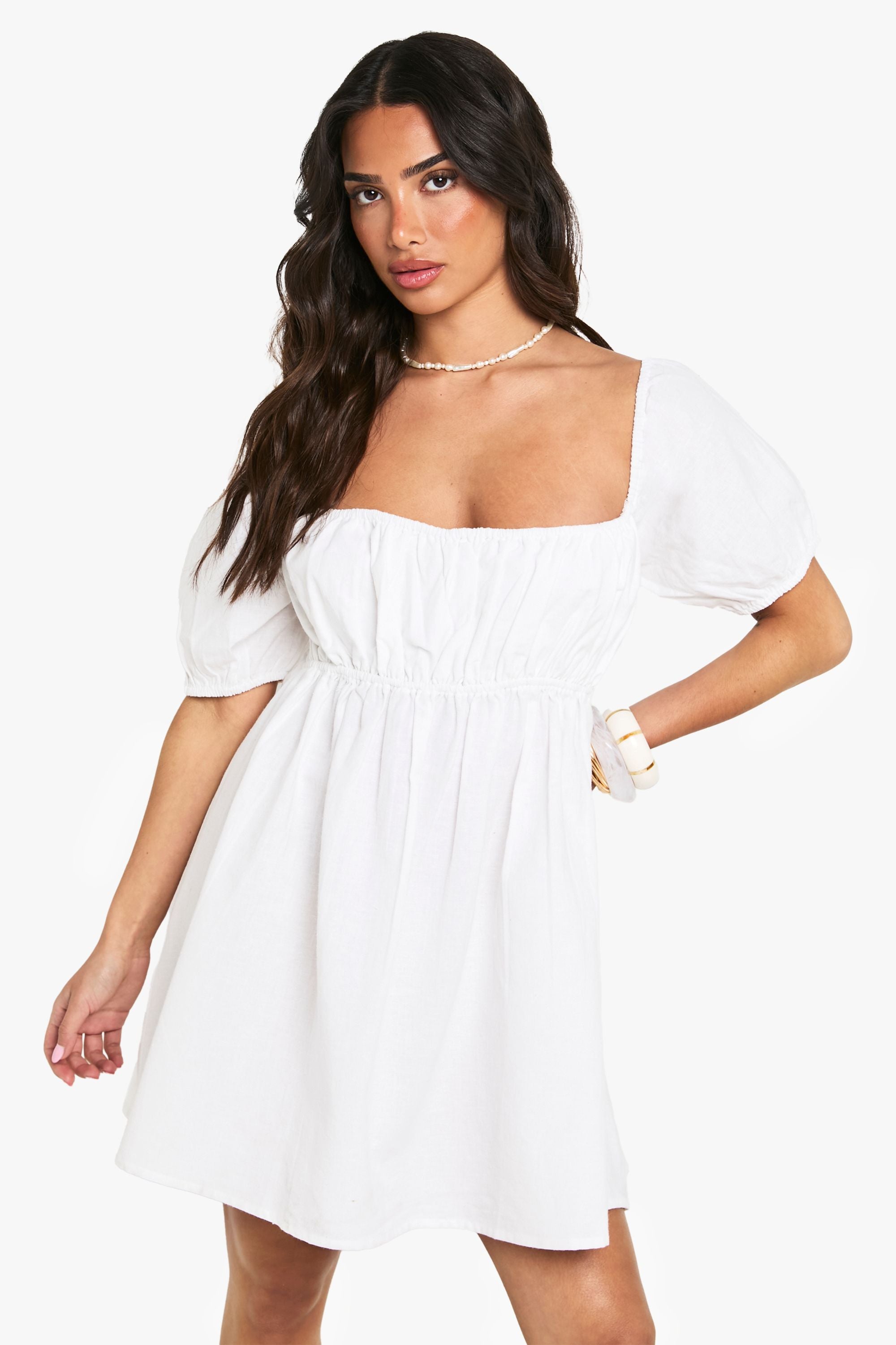 Petite Linen Puff Sleeve Smock Mini Dress