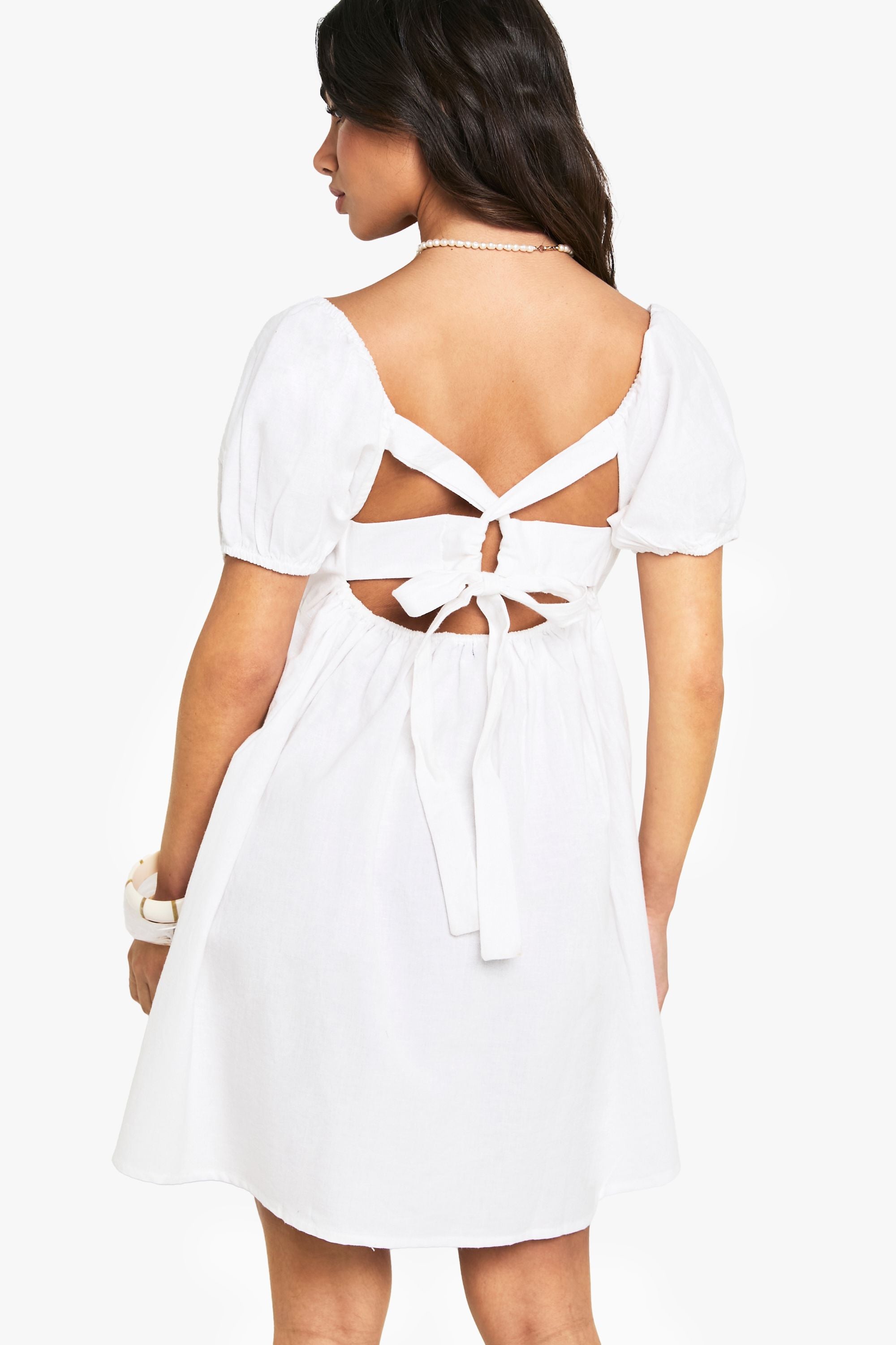 Petite Linen Puff Sleeve Smock Mini Dress