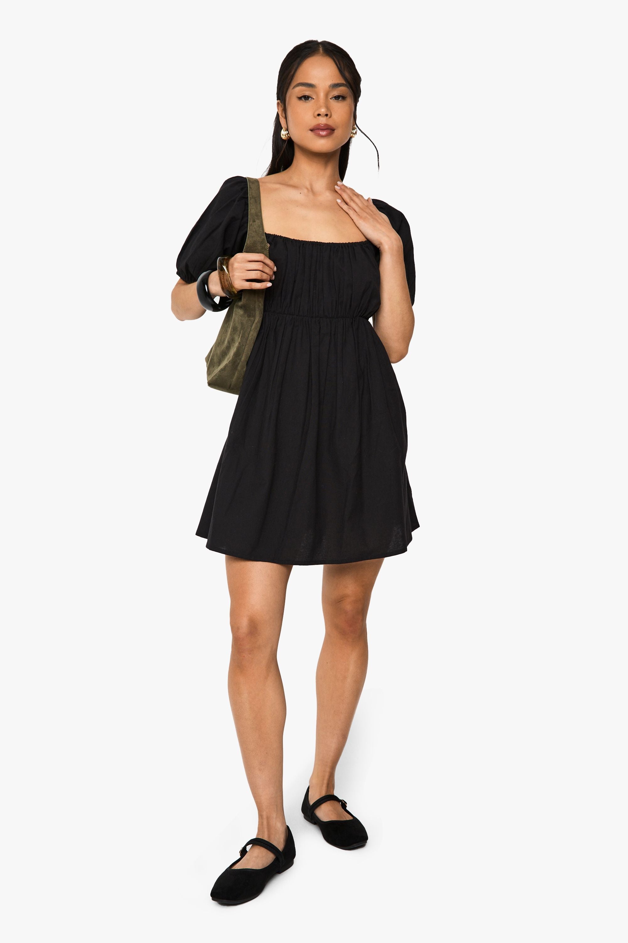 Linen Puff Sleeve Smock Mini Dress