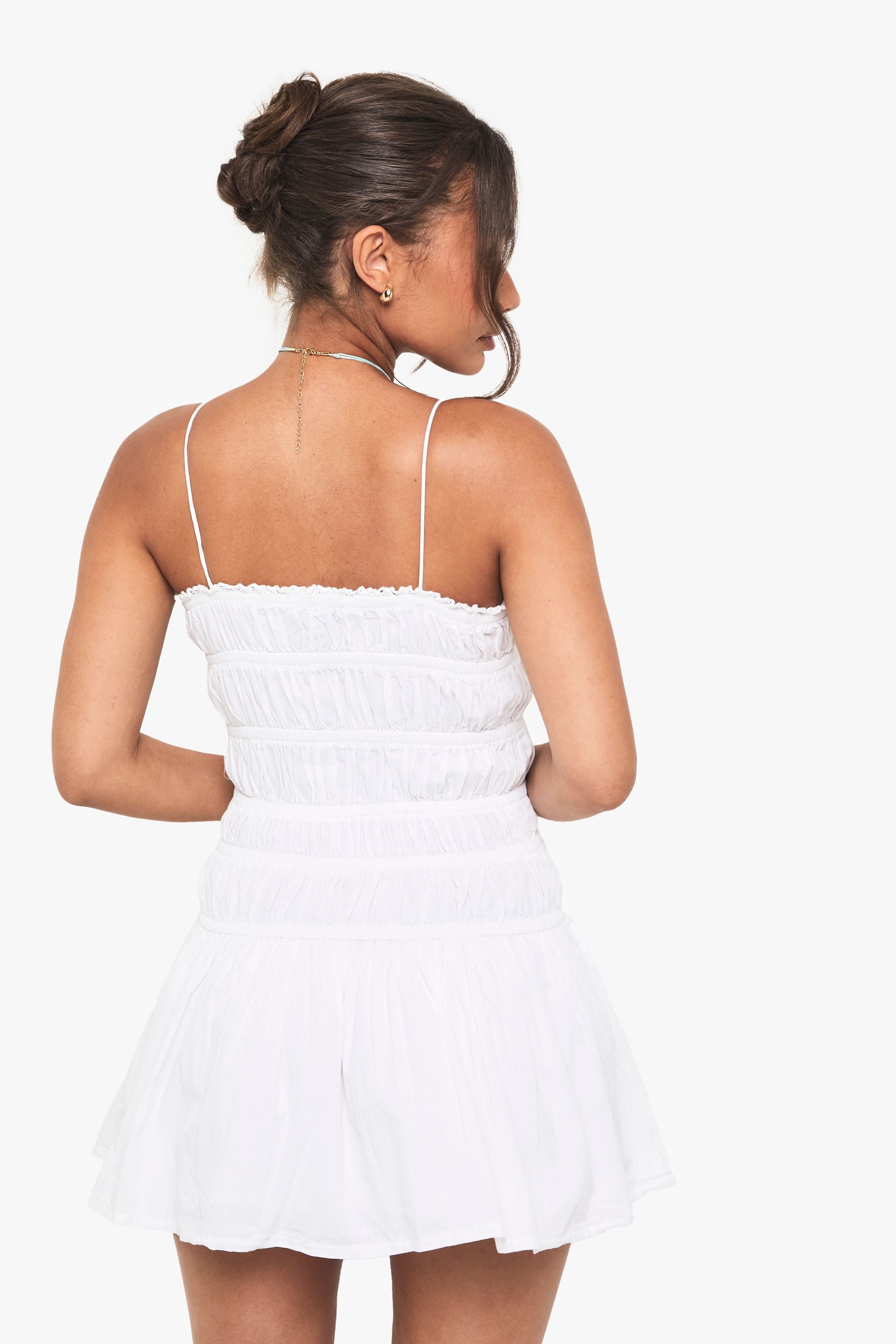 Cotton Shirred Bandeau Button Mini Dress