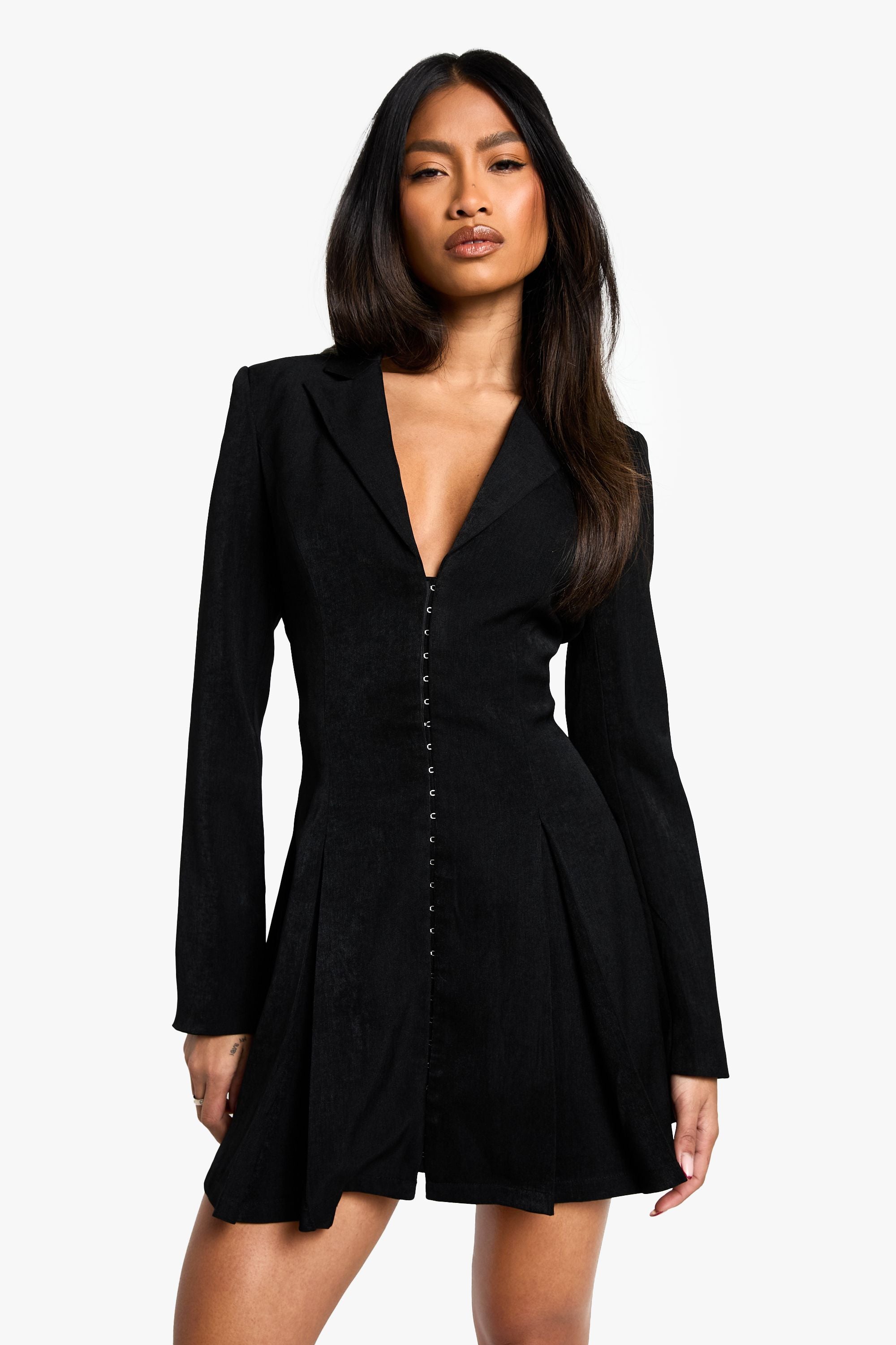 Tailored Hook & Eye Detail Cinched Waist Blazer dress