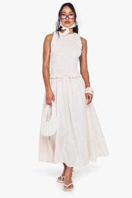 Gingham Shirred Detail Drop Waist Midaxi Dress