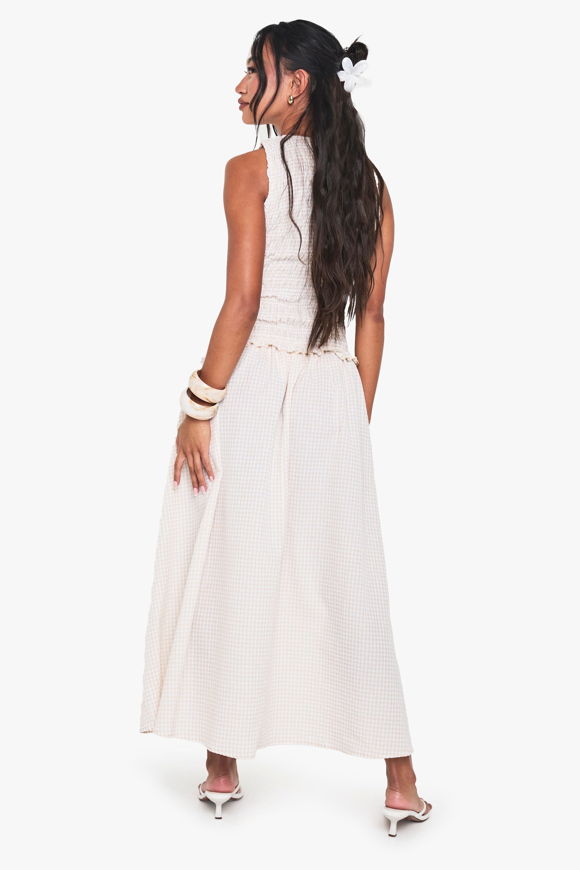 Gingham Shirred Detail Drop Waist Midaxi Dress