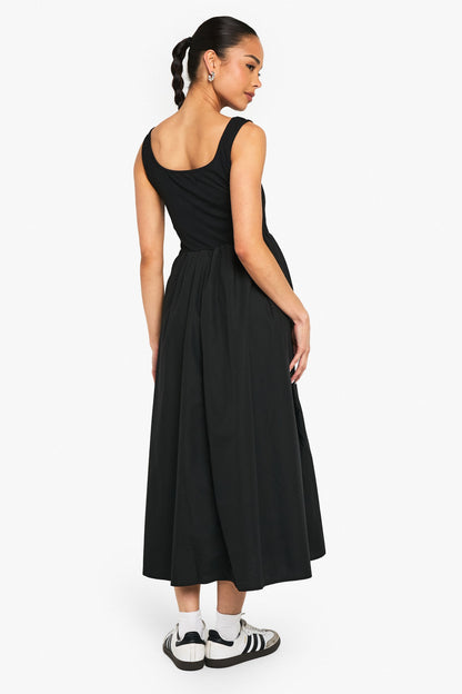 Ribbed Scoop Neck Mixed Fabric Smock Midaxi Dress