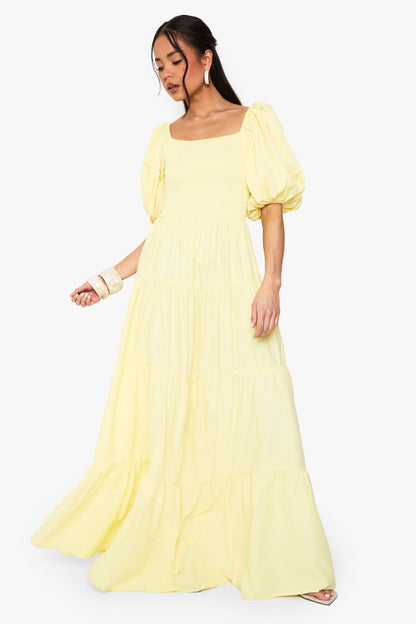 Extreme Puff Sleeve Shirred Maxi Smock Dress