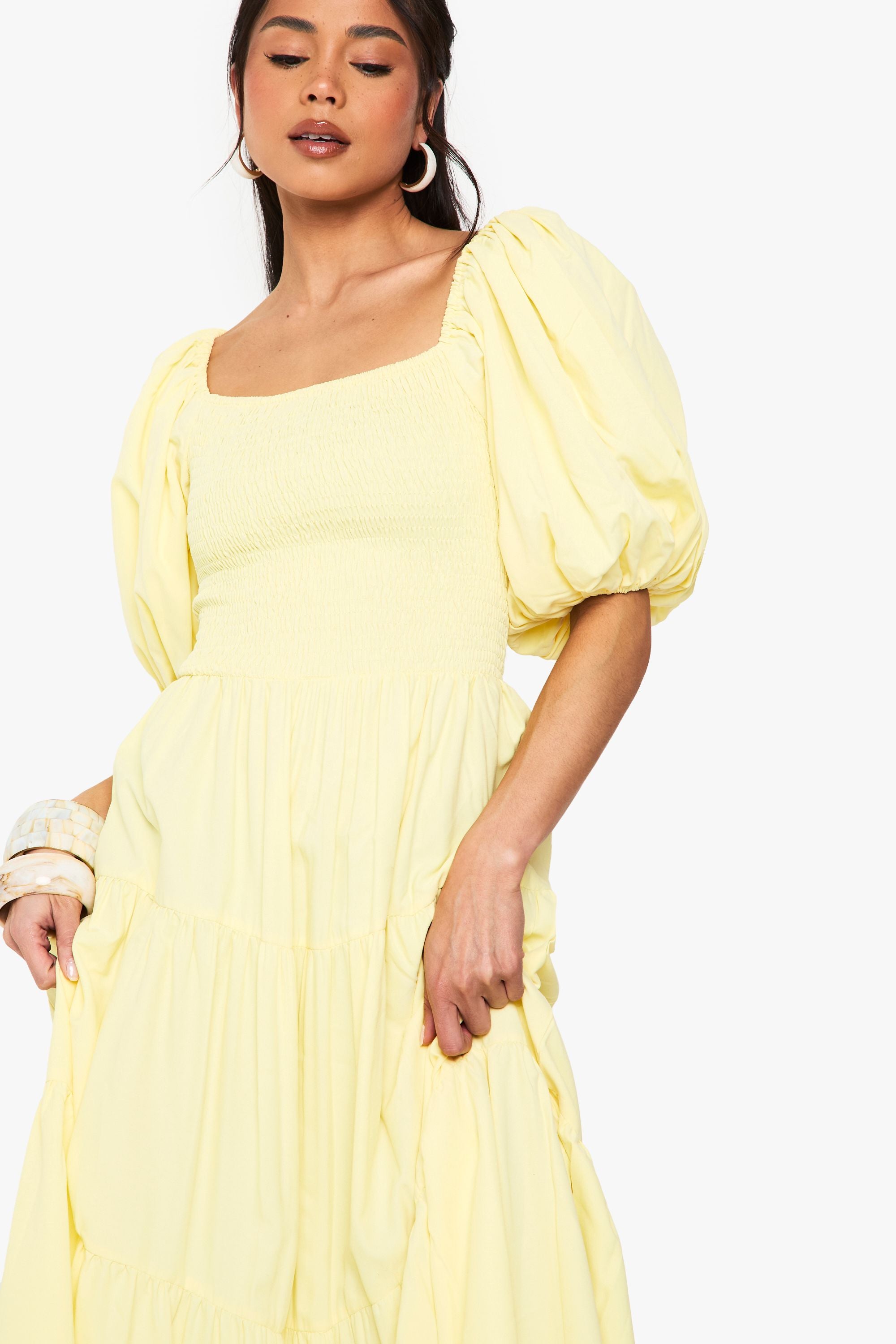 Extreme Puff Sleeve Shirred Maxi Smock Dress