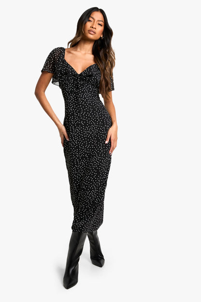 Polka Dot Angel Sleeve  Midaxi Dress