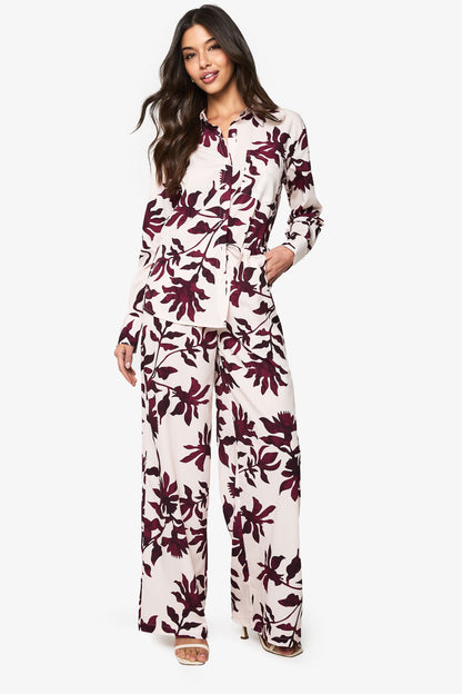 Basic Woven Large Floral Drawstring Wide Leg Trousers