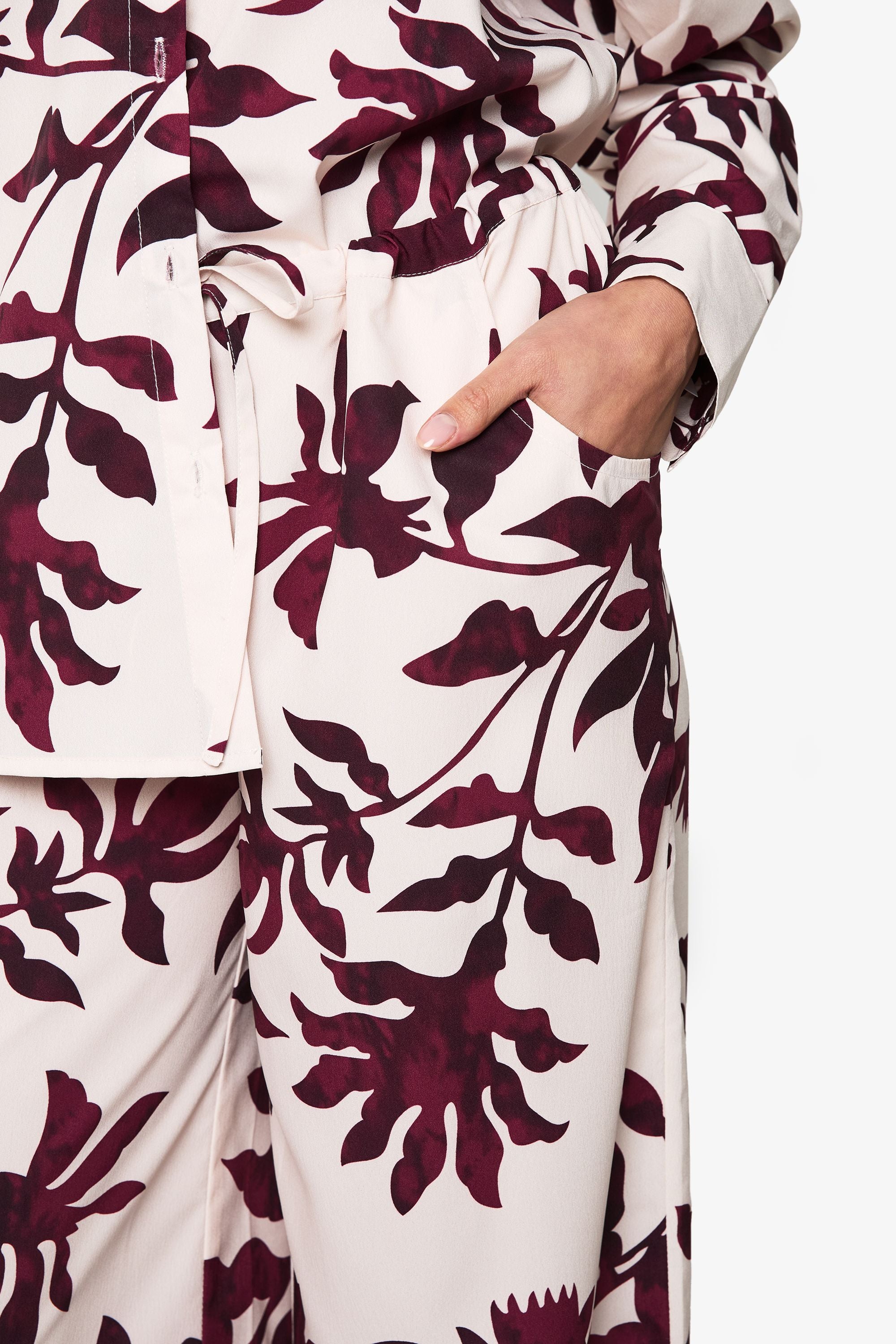 Basic Woven Large Floral Drawstring Wide Leg Trousers