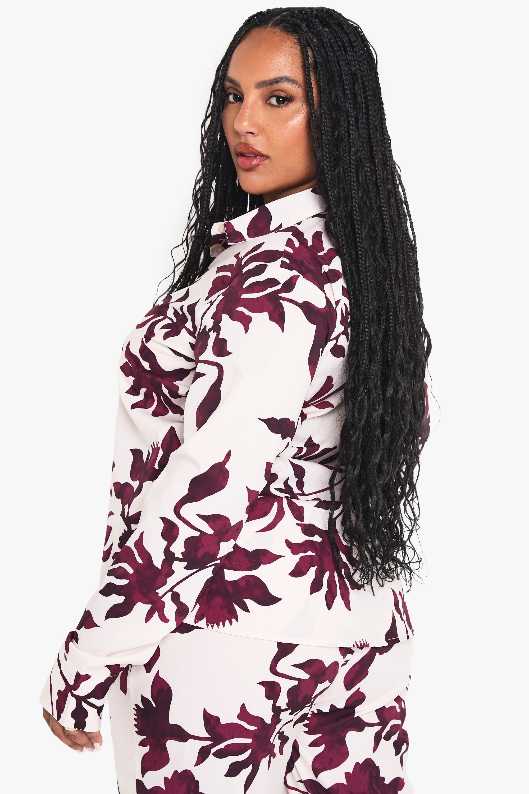 Plus Basic Woven Large Floral Long Sleeve Shirt
