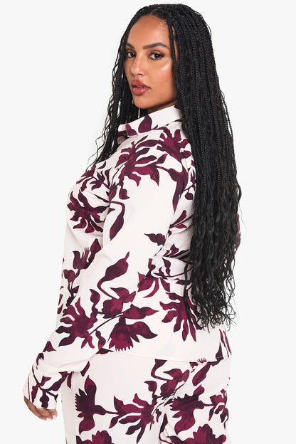 Plus Basic Woven Large Floral Long Sleeve Shirt