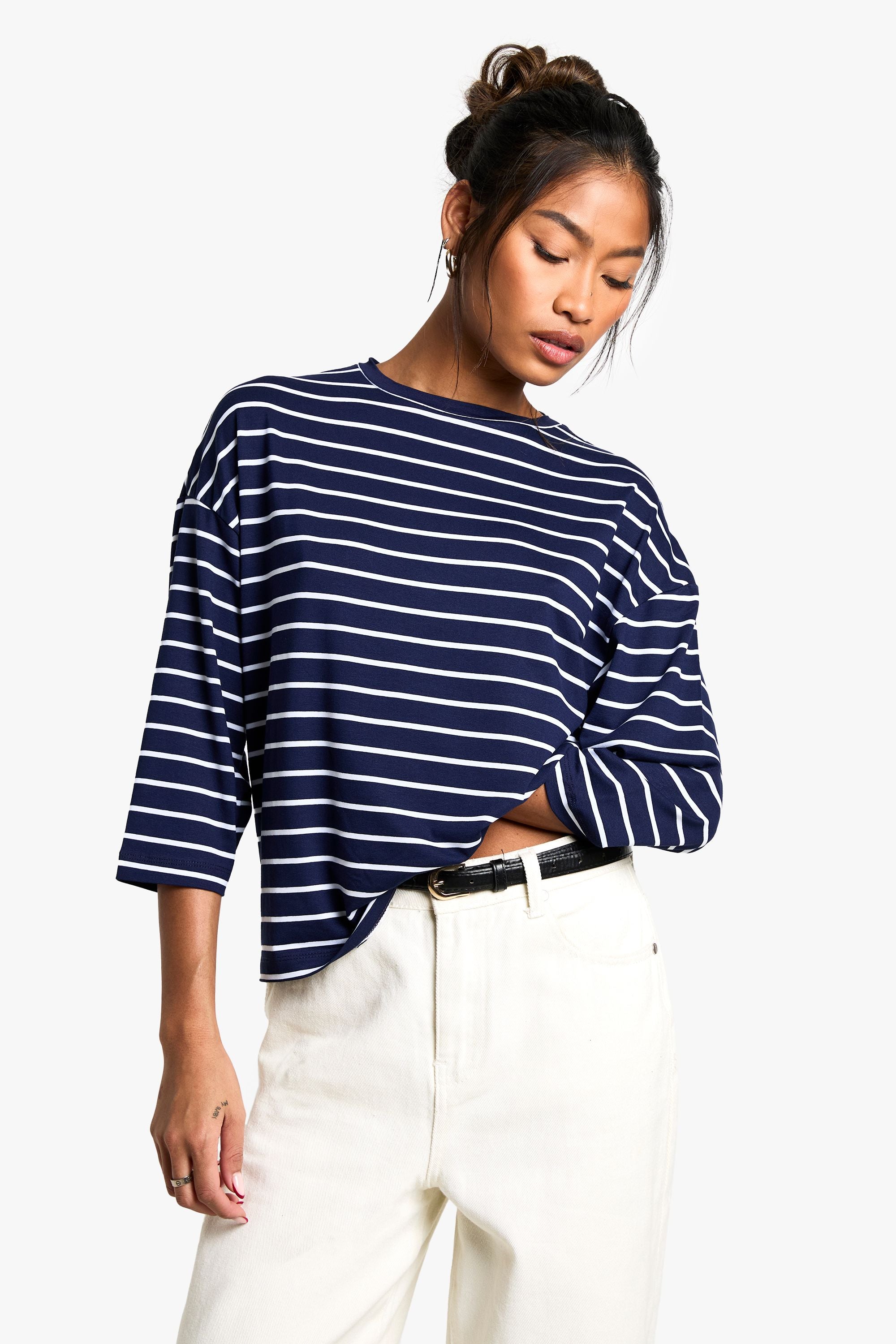 Stripe 3/4 Sleeve Crew Neck Top