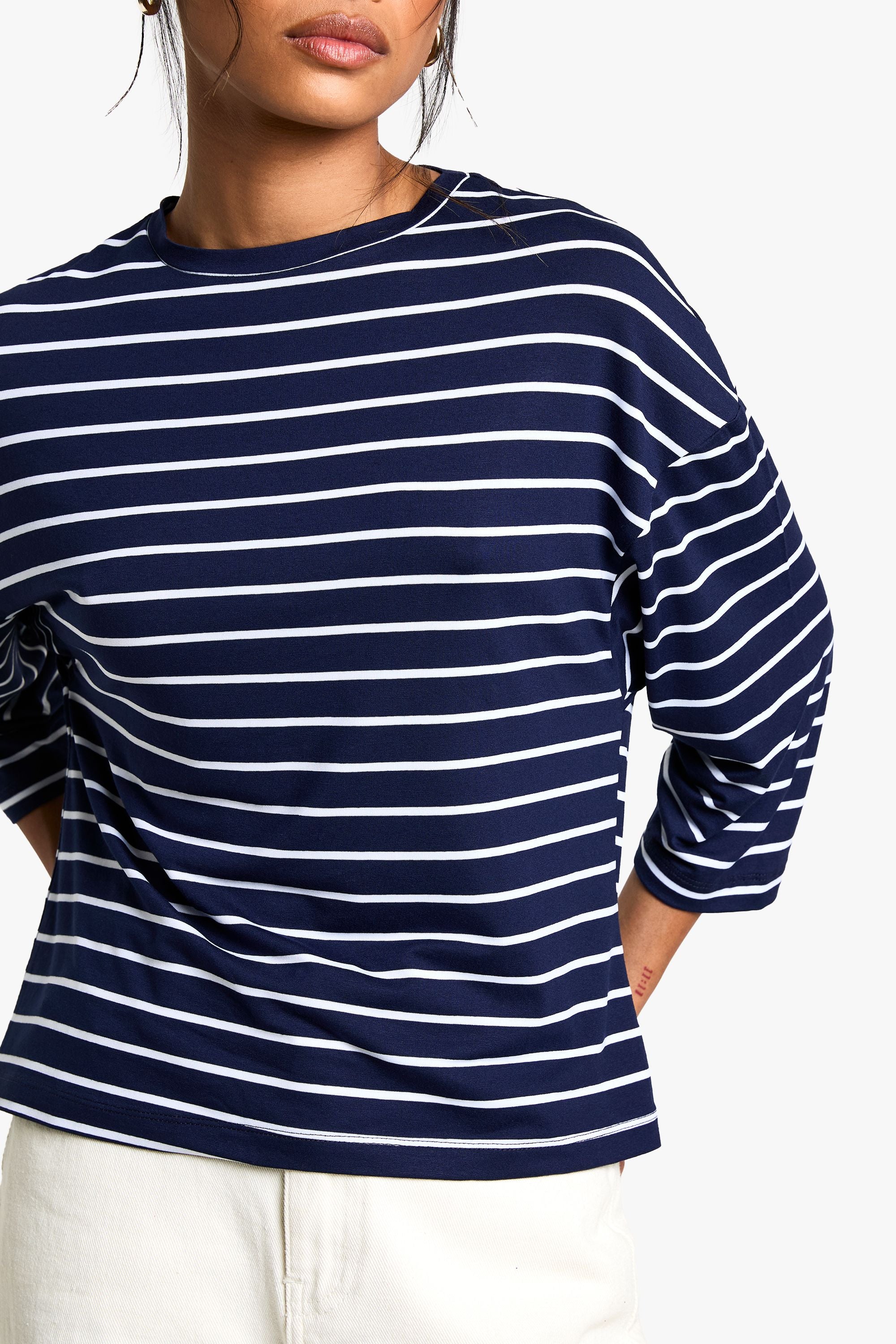 Stripe 3/4 Sleeve Crew Neck Top