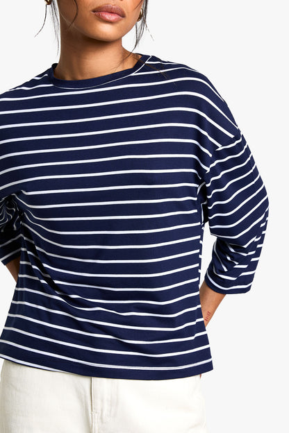 Stripe 3/4 Sleeve Crew Neck Top