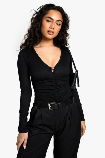 Rib Plunge Front Trim Detail Bodysuit
