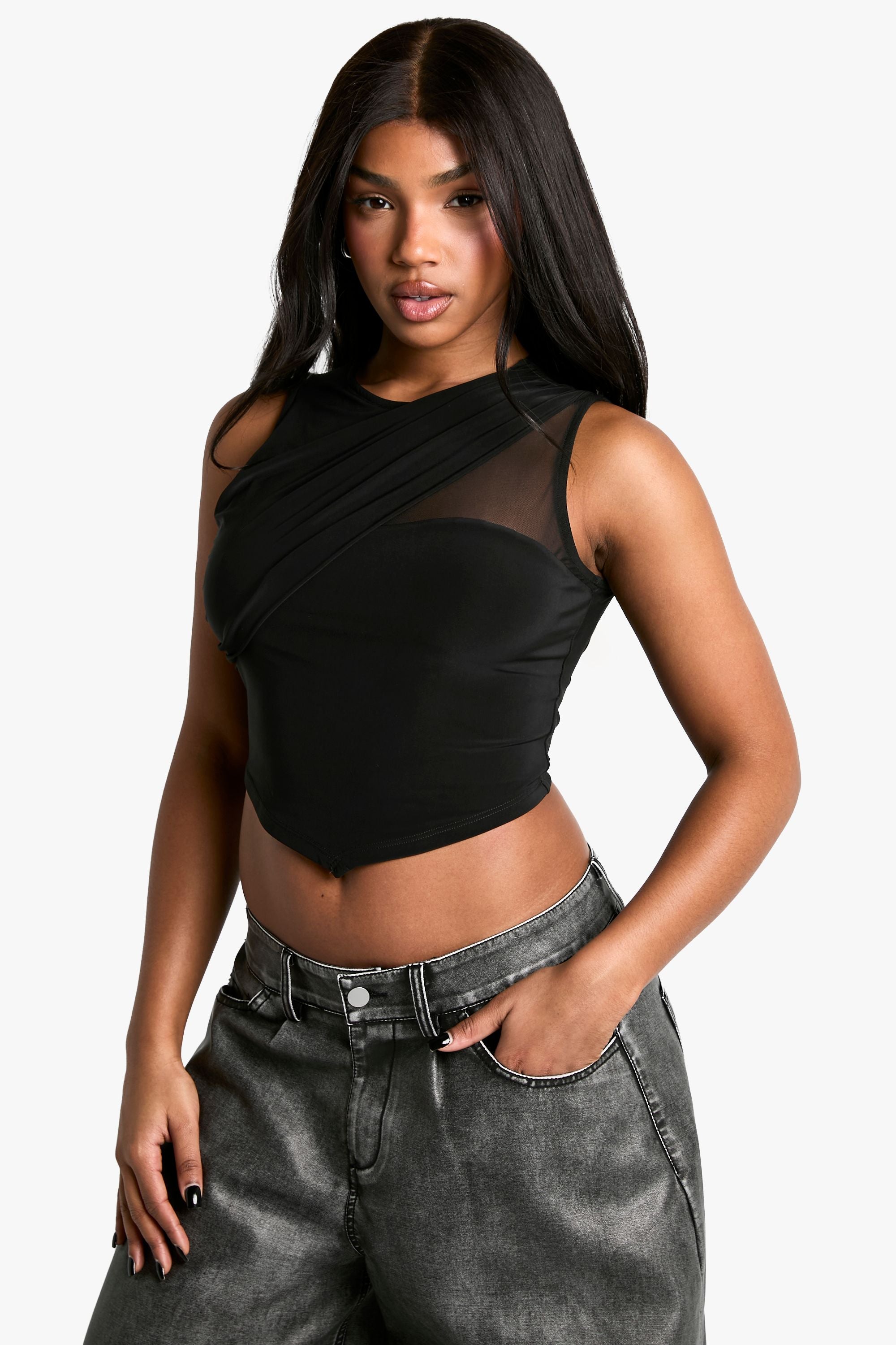 Double Layer Slinky Mesh Insert Pointed Hem Top