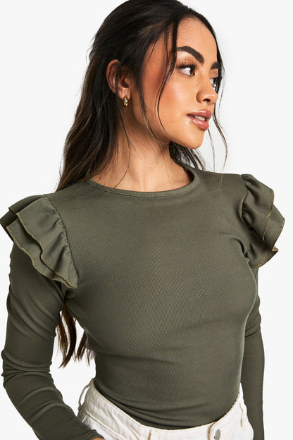 Ribbed Frill Shoulder Long Sleeve Top